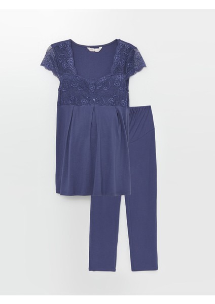 Yeni Sezon Kare Yaka Dantel Detaylı Kısa Kollu Hamile Pijama Takımı indirimleri