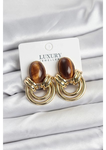 Pirinç Gold Renk Kahverengi Taşlı Vintage Kadın Küpe