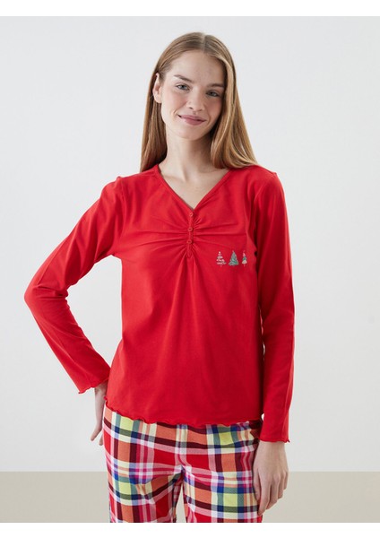 Yeni Sezon V Yaka Yılbaşı Temalı Kadın Pijama Takımı fiyatları