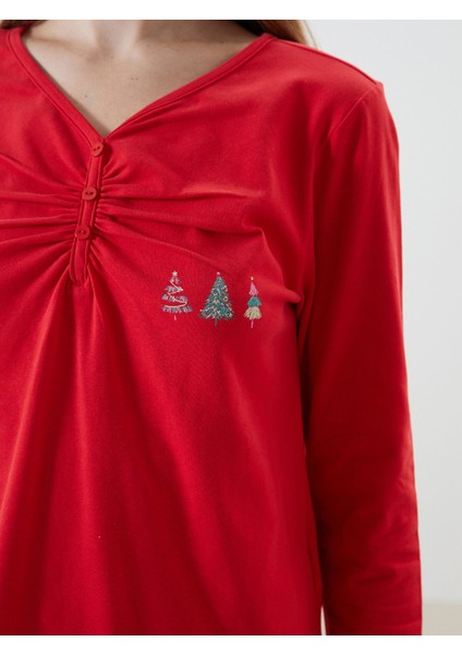 Yeni Sezon V Yaka Yılbaşı Temalı Kadın Pijama Takımı modelleri