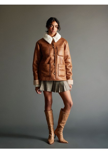 Yeni Sezon Bisiklet Yaka Kadın Süet Görünümlü Mont