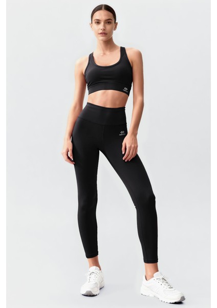 Siyah Yüksek Bel Toparlayıcı Çapraz Sırt Detaylı Slim Fit Kadın Tayt Takım - 95283