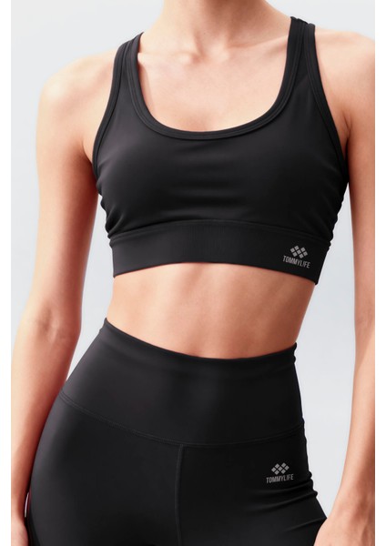 Siyah Yüksek Bel Toparlayıcı Çapraz Sırt Detaylı Slim Fit Kadın Tayt Takım - 95283