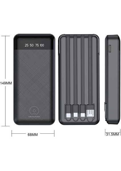 BN44 10000MAH Powerbank LED Ekranlı Type-C USB Micro USB Kablolu Tüm Uçlar (Siyah) fiyatları