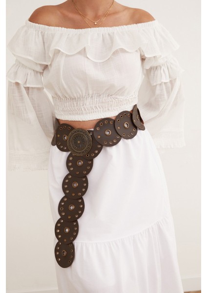 Kadın Bohem Deri Metal Halkalı Dekoratif Kemer – Antik Gold Tokalı, Yuvarlak Parçalı Tasarım