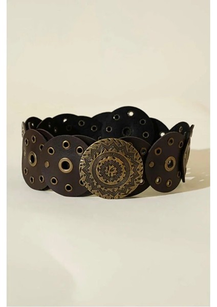 Kadın Bohem Deri Metal Halkalı Dekoratif Kemer – Antik Gold Tokalı, Yuvarlak Parçalı Tasarım fiyatları