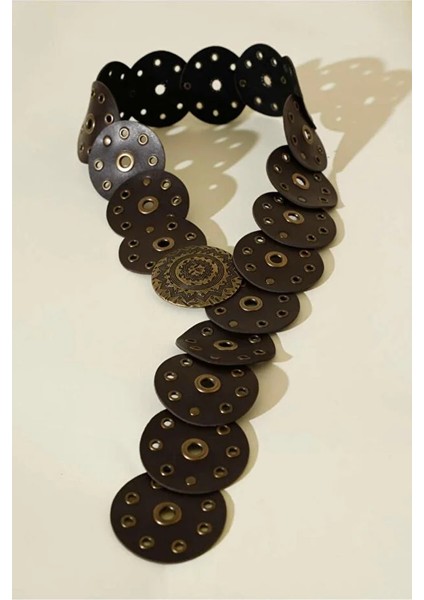 Kadın Bohem Deri Metal Halkalı Dekoratif Kemer – Antik Gold Tokalı, Yuvarlak Parçalı Tasarım modelleri