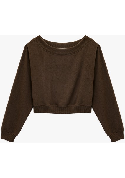 Viskon Karışımlı Kayık Yaka Omzu Açık Uzun Kollu Tişört