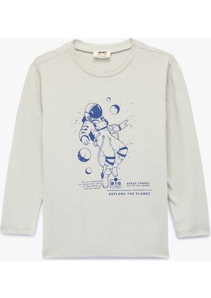 Pamuklu Baskılı Bisiklet Yaka Uzun Kollu Tişört