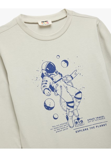 Pamuklu Baskılı Bisiklet Yaka Uzun Kollu Tişört modelleri