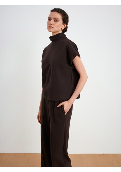 32148 Dik Yaka Örme Top-Koyu Kahve