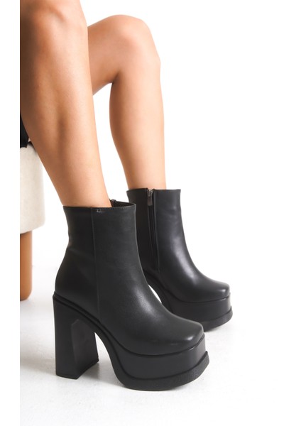 Kadın Siyah Platform Yüksek Topuk Bilek Boy Fermuarlı Bot
