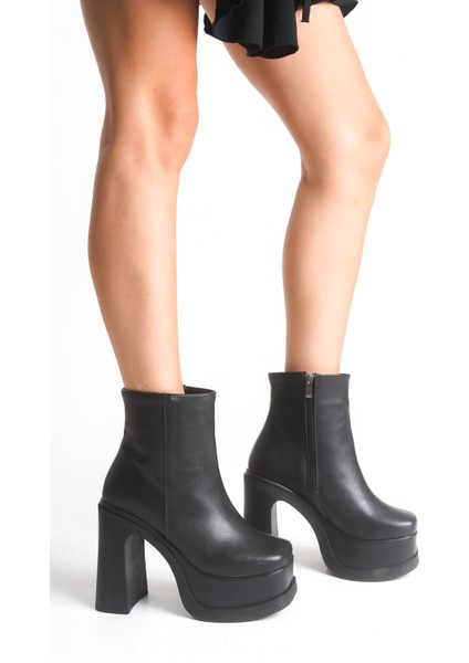 Kadın Siyah Platform Yüksek Topuk Bilek Boy Fermuarlı Bot