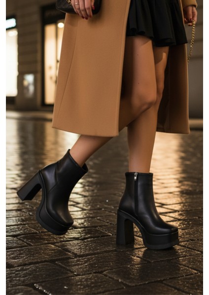 Kadın Siyah Platform Yüksek Topuk Bilek Boy Fermuarlı Bot