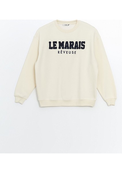 Yeni Sezon Bisiklet Yaka Nakışlı Oversize Kadın Kalın Sweatshirt indirimleri