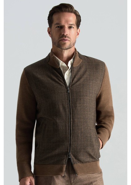 Merino Yün Ekose Desen Tütün Rengi Business Triko Ceket fiyatları