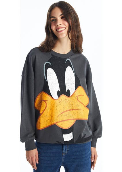 Yeni Sezon Bisiklet Yaka Daffy Duck Baskılı Oversize Kadın Sweatshirt