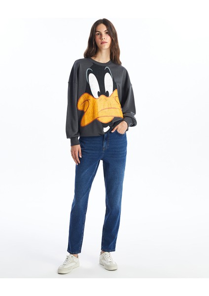Yeni Sezon Bisiklet Yaka Daffy Duck Baskılı Oversize Kadın Sweatshirt fiyatları