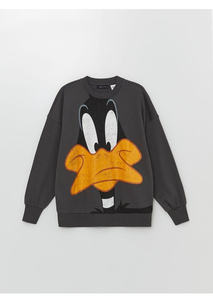 Yeni Sezon Bisiklet Yaka Daffy Duck Baskılı Oversize Kadın Sweatshirt indirimleri