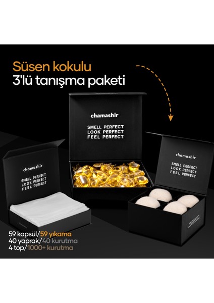 3'lü Tanışma Paketi- Kapsül Çamaşır Deterjanı Süsen Kokulu - Kurutma Mendili- Yün Kurutma Topu