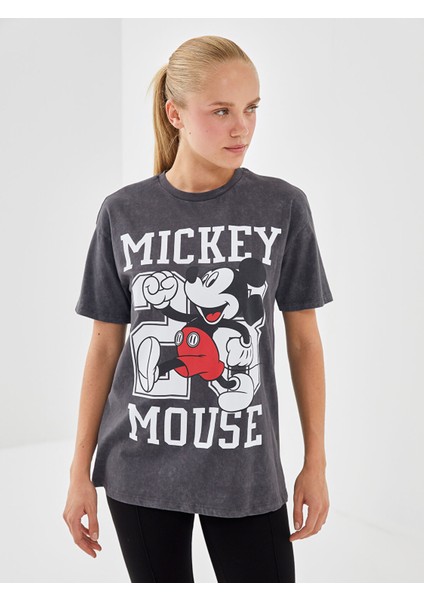 Yeni Sezon Bisiklet Yaka Mickey Mouse Baskılı Kısa Kollu Kadın Tişört