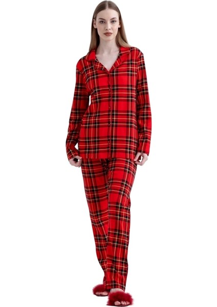Kadın Kırmızı Ekose Pamuk Pijama Takım