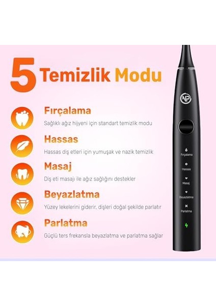 Npo Nicefeel X610-Z Dakikada 40000 Titreşim, Şarjlı Sonic Profesyonel Diş Fırçası (Siyah) fiyatları