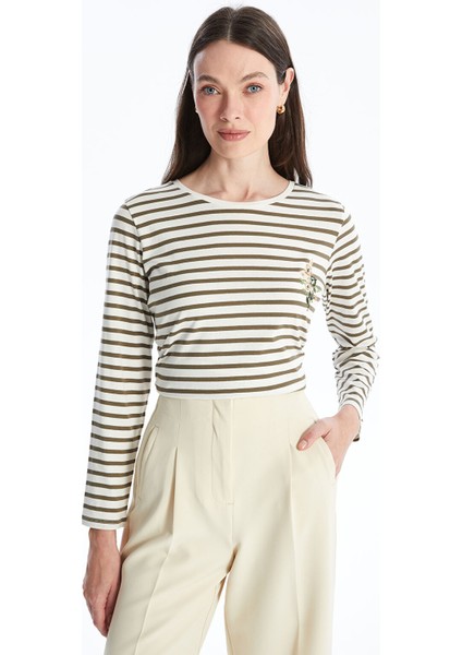Yeni Sezon Bisiklet Yaka Çizgili Uzun Kollu Kadın Tişört