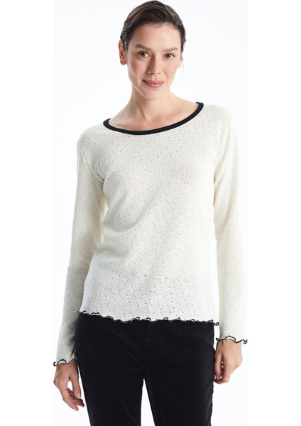 Yeni Sezon Bisiklet Yaka Kendinden Desenli Uzun Kollu Kadın Body