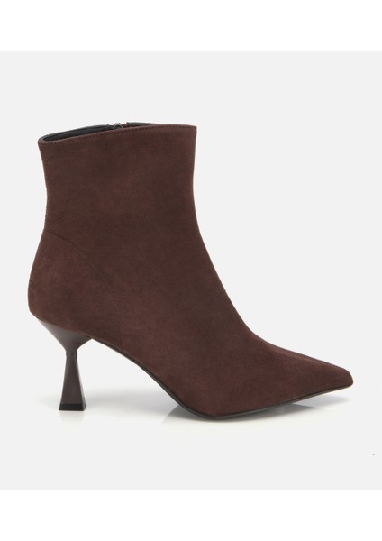 01BOH312650A480 KADIN Süet Deri Kahverengi Dikiş Detaylı Sivri Kısa Topuklu Bot