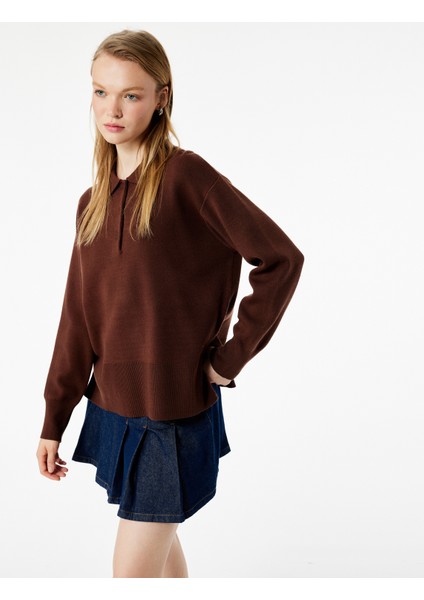 Uzun Kollu Düğme Detaylı Basic Polo Yaka Triko Kazak