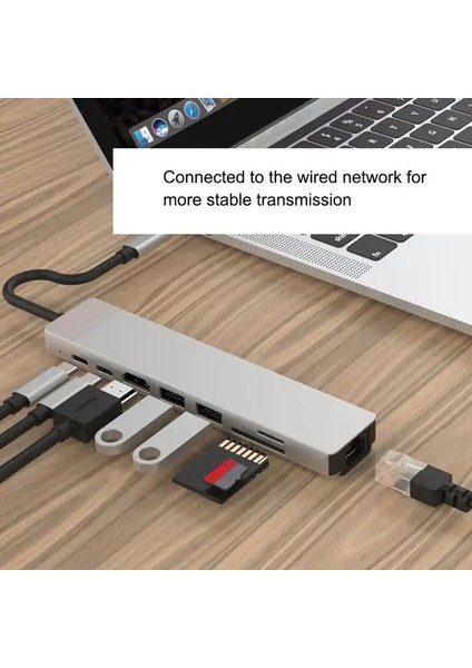 8 In 1 Type C To 2 Port USB 3.0 2 Sd Kart Tf Kart HDMI 2pd Kablolu 15 Serisi Uyumlu Type C Girişli Cihazlara Uyumlu ZR38 modelleri