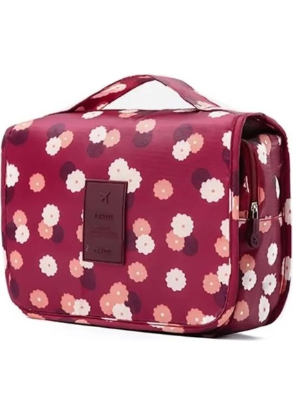 Ecoform Su Geçirmez Organizer Askılı Seyahat Kozmetik Makyaj Çantası Bordo Çiçekli