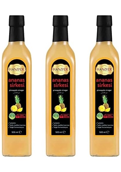 Hanzade Bitkisel Ananas Sirkesi 500 ml x 3 Adet Doğal Fermantasyon Içilebilir Katkısız Cam Şişe