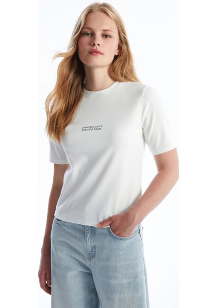 Yeni Sezon Bisiklet Yaka Baskılı Kısa Kollu Kadın Tişört