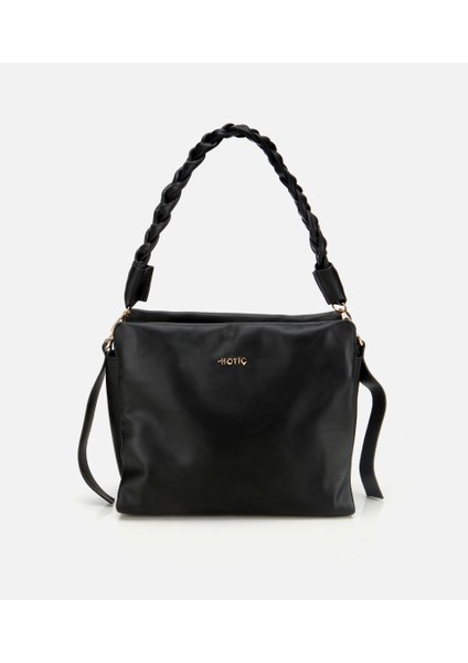 03CAH316260A100 KADIN Deri Siyah Yumuşak Dokulu Örgü Askı Detaylı Omuz Çantası