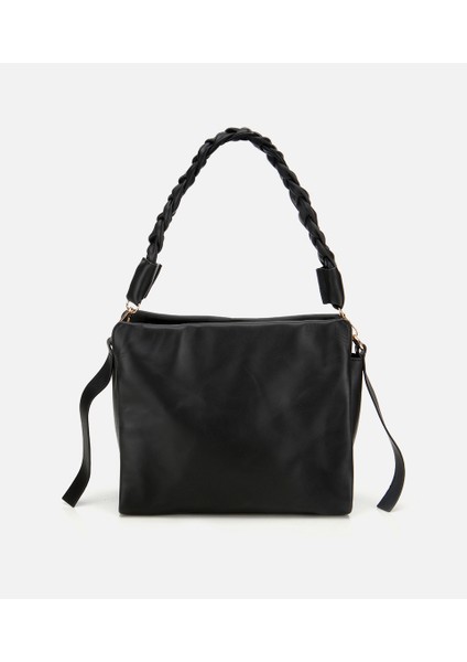 03CAH316260A100 KADIN Deri Siyah Yumuşak Dokulu Örgü Askı Detaylı Omuz Çantası