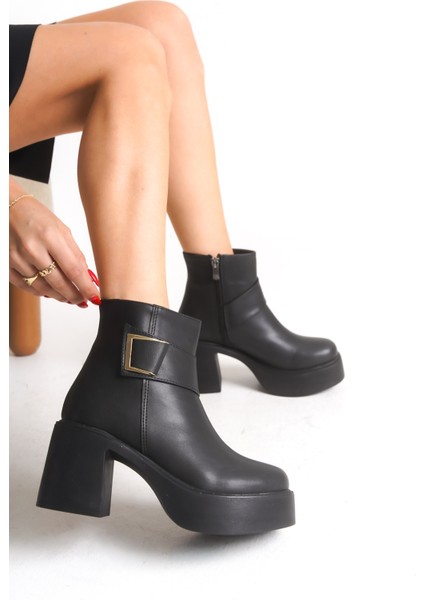 Yandan Fermuarlı Toka Detaylı Rahat Yüksek Topuklu Kadın Bot