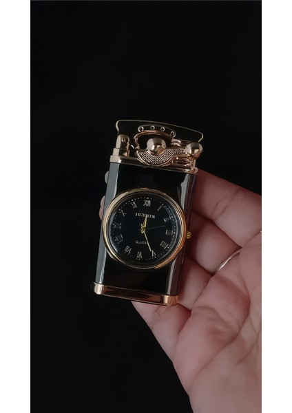 Lüks Gold Siyah Koleksiyonluk Roma Rakamlı Quartz Saatli Jet Alev Çakmak