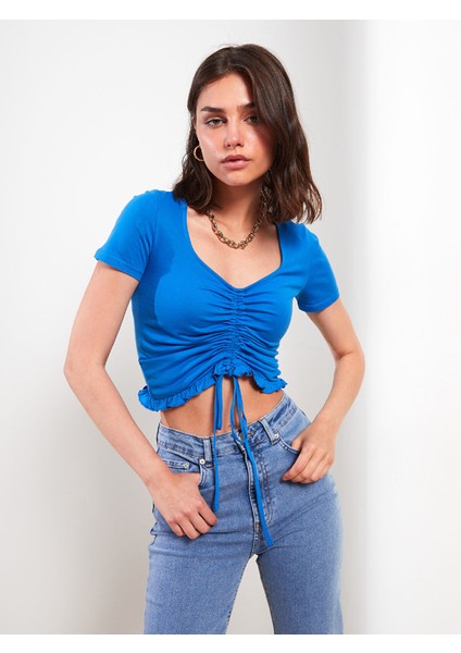 Yeni Sezon V Yaka Düz Kısa Kollu Pamuklu Kadın Tişört