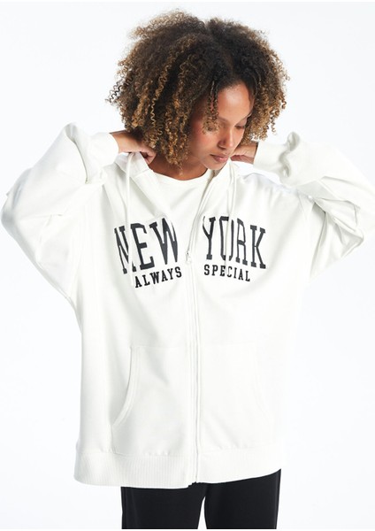 Yeni Sezon Kapüşonlu Baskılı Kadın Kalın Fermuarlı Sweatshirt