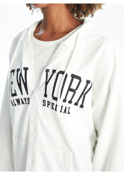 Yeni Sezon Kapüşonlu Baskılı Kadın Kalın Fermuarlı Sweatshirt modelleri