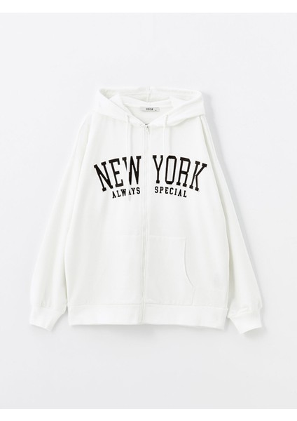 Yeni Sezon Kapüşonlu Baskılı Kadın Kalın Fermuarlı Sweatshirt indirimleri