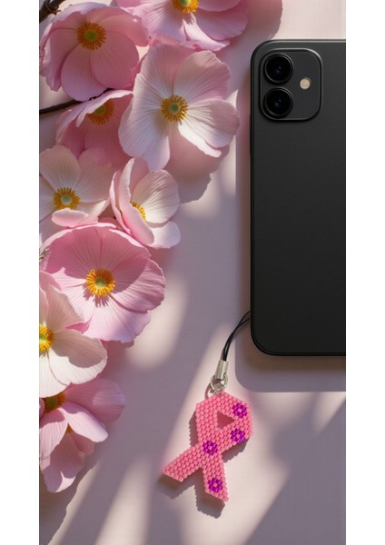 Miyuki Boncuk El Yapımı Meme Kanseri Kurdelesi Sembolü Telefon Çarmı - Charm