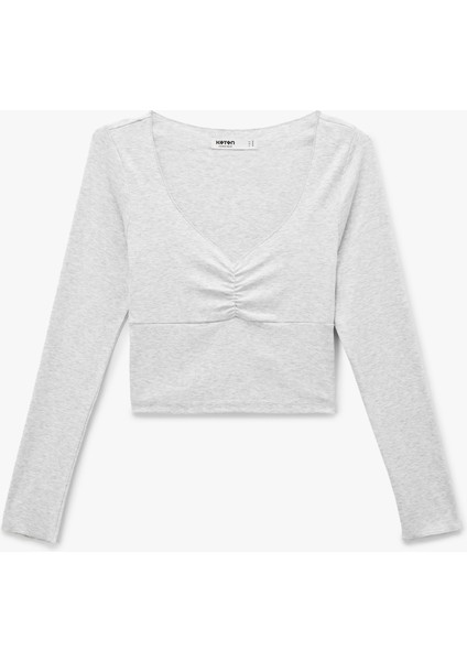 Uzun Kollu V Yaka Büzgülü Viskon Crop Slim Fit Pijama Üstü