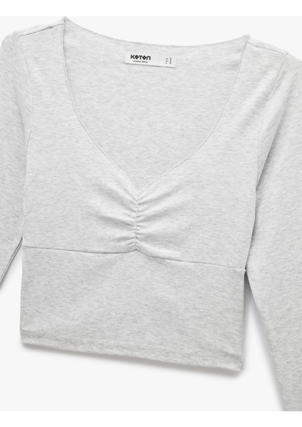 Uzun Kollu V Yaka Büzgülü Viskon Crop Slim Fit Pijama Üstü modelleri