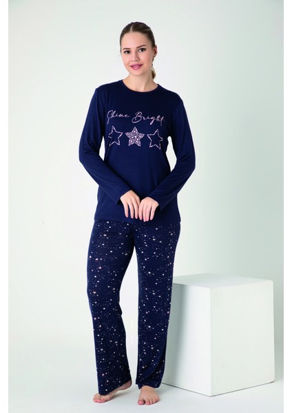 Kadın Viskon Bisiklet Yaka Önü Baskılı Uzunkol Pijama Takım C840-900