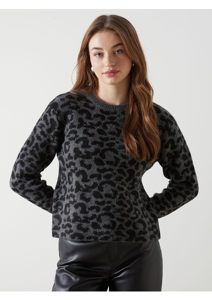 Yeni Sezon Bisiklet Yaka Leopar Desenli Kadın Triko Kazak