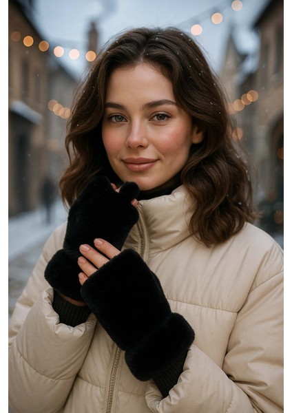 Kadın Kesik Peluş Eldiven Eld-33 Siyah modelleri