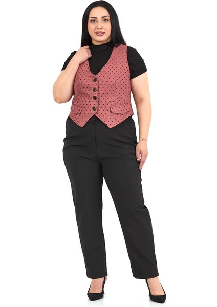 Büyük Beden Düğme Kapamalı Cep Kapaklı Astarlı Kısa Puanlı Gül Kurusu Yelek